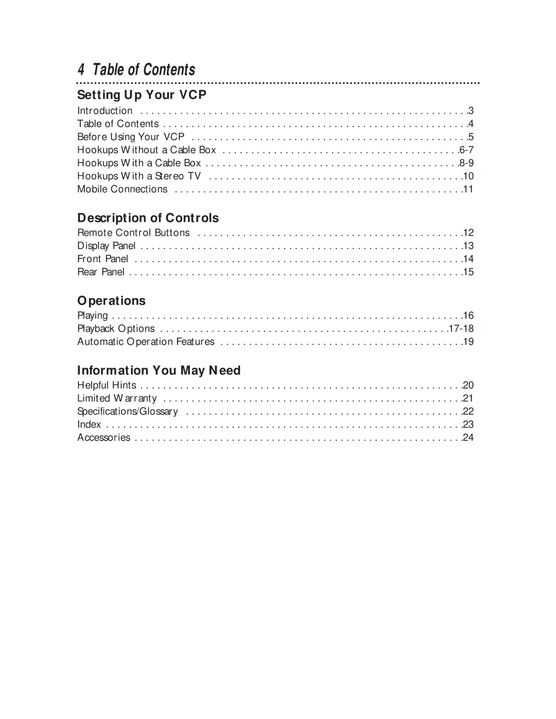 Philips VPB115AT owner manual Table of Contents 