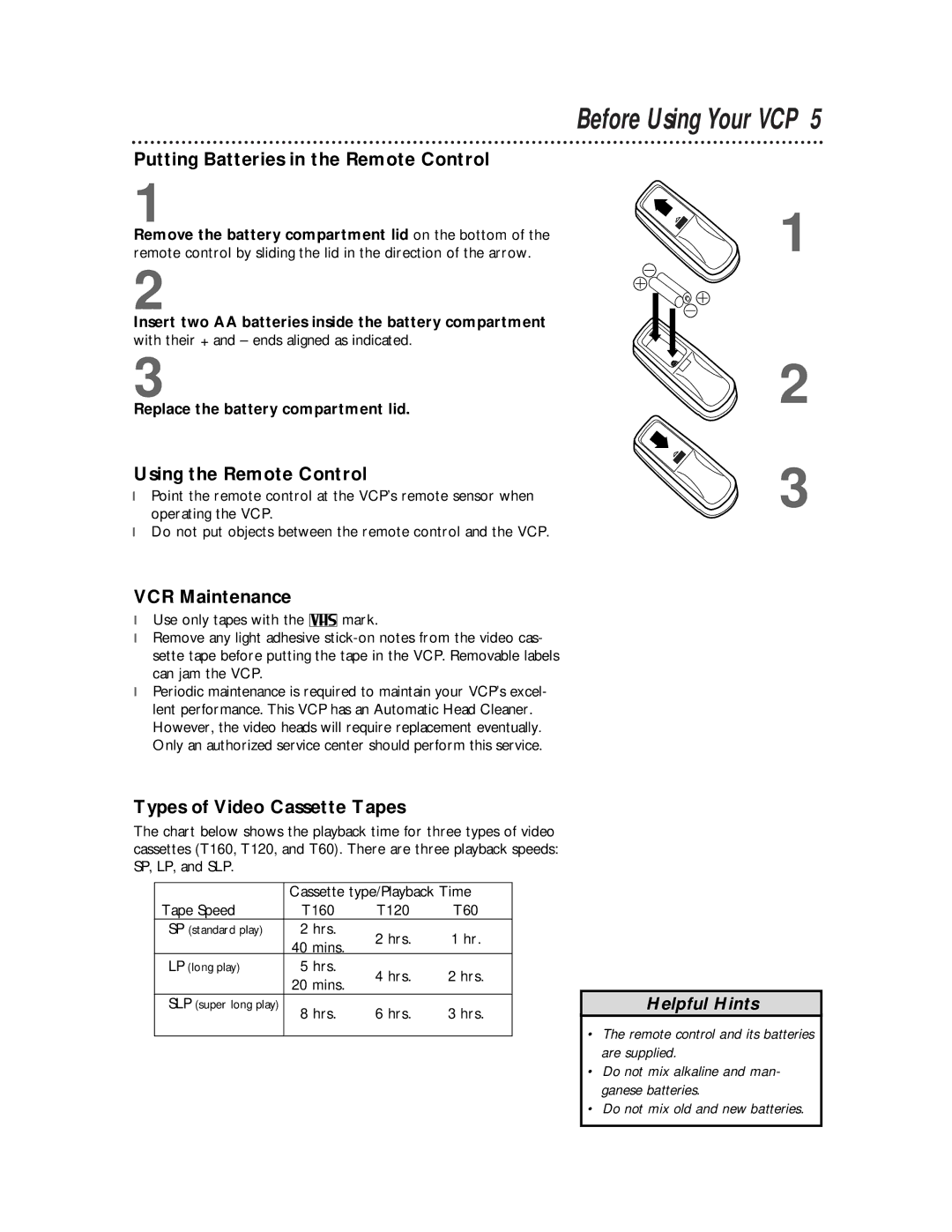 Philips VPB115AT Before Using Your VCP, Putting Batteries in the Remote Control, Using the Remote Control, VCR Maintenance 