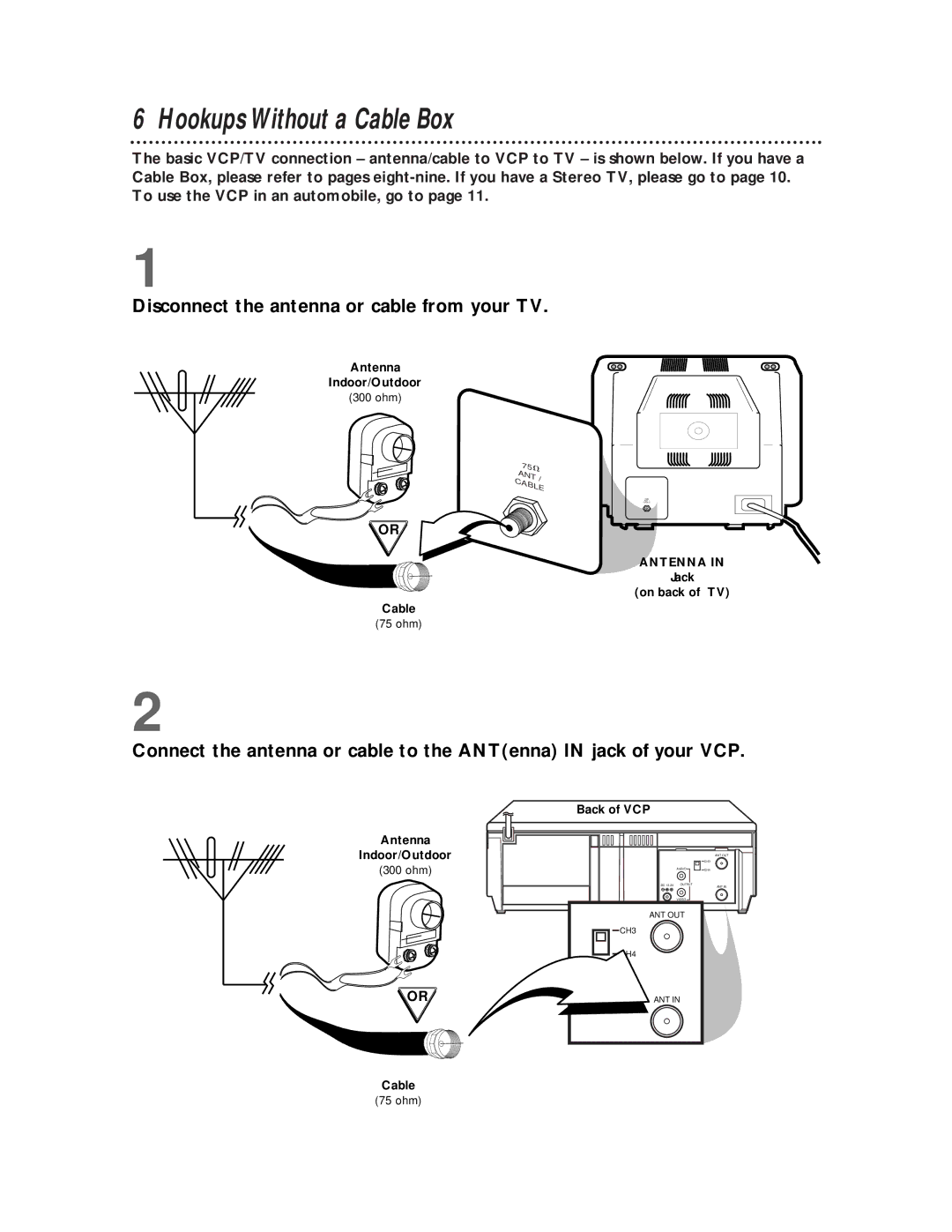 Philips VPB115AT owner manual Hookups Without a Cable Box, Disconnect the antenna or cable from your TV 