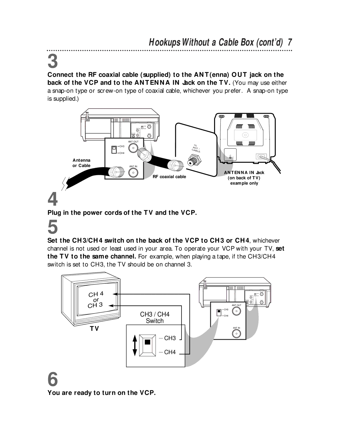 Philips VPB115AT owner manual Hookups Without a Cable Box cont’d, Plug in the power cords of the TV and the VCP 