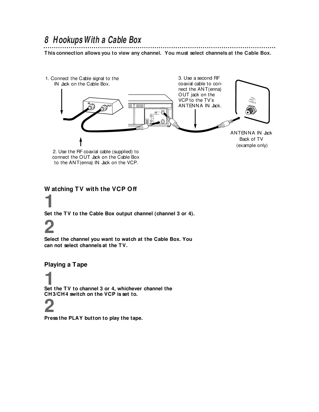 Philips VPB115AT owner manual Hookups With a Cable Box, Watching TV with the VCP Off, Playing a Tape 