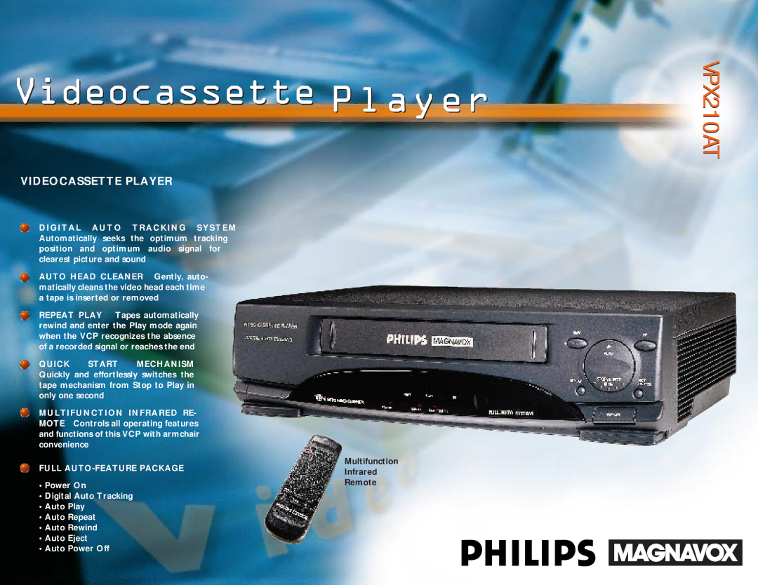 Philips VPX210AT quick start Videocassette Player 