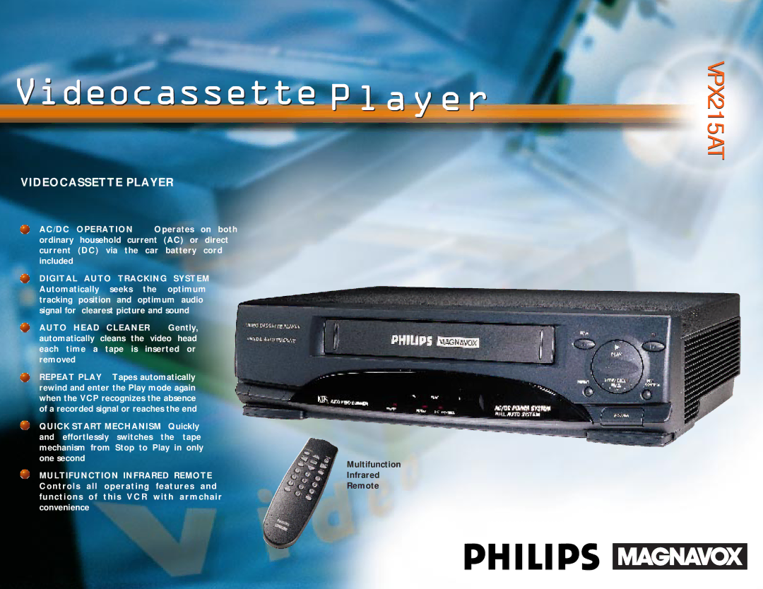 Philips VPX215AT quick start Videocassette Player 