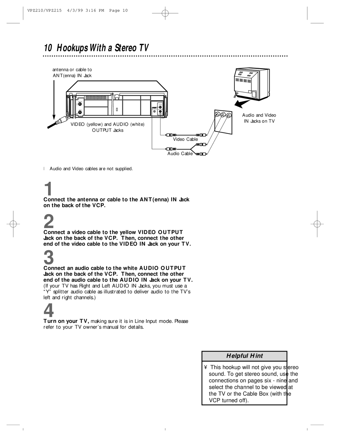 Philips VPZ215AT, VPZ210AT owner manual Hookups With a Stereo TV 