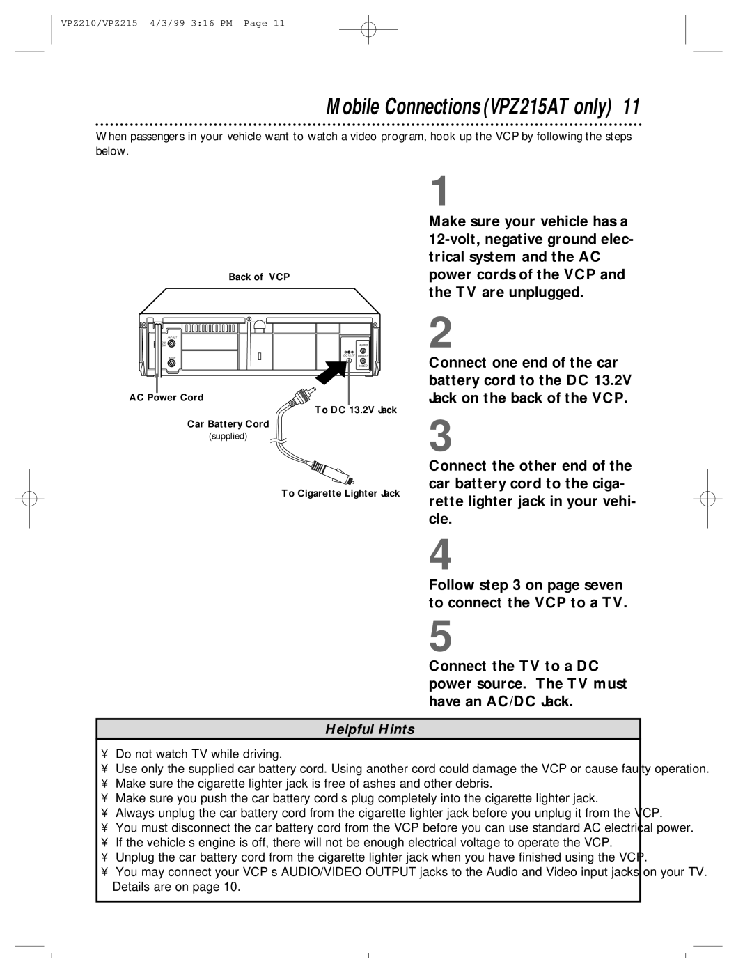 Philips VPZ210AT owner manual Mobile Connections VPZ215AT only 