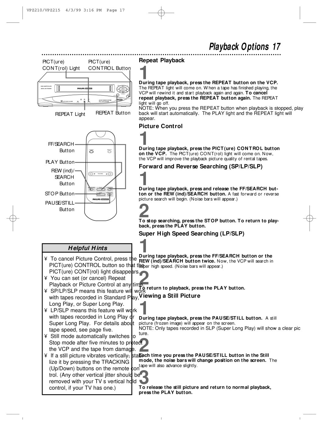 Philips VPZ210AT, VPZ215AT owner manual Playback Options, PICTure PICTure CONTrol Light Control Button, Play Button REWind 