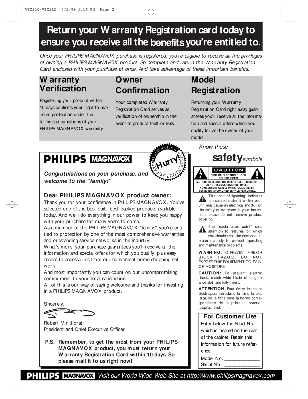 Philips VPZ215AT, VPZ210AT owner manual Dear Philips Magnavox product owner, For Customer Use 