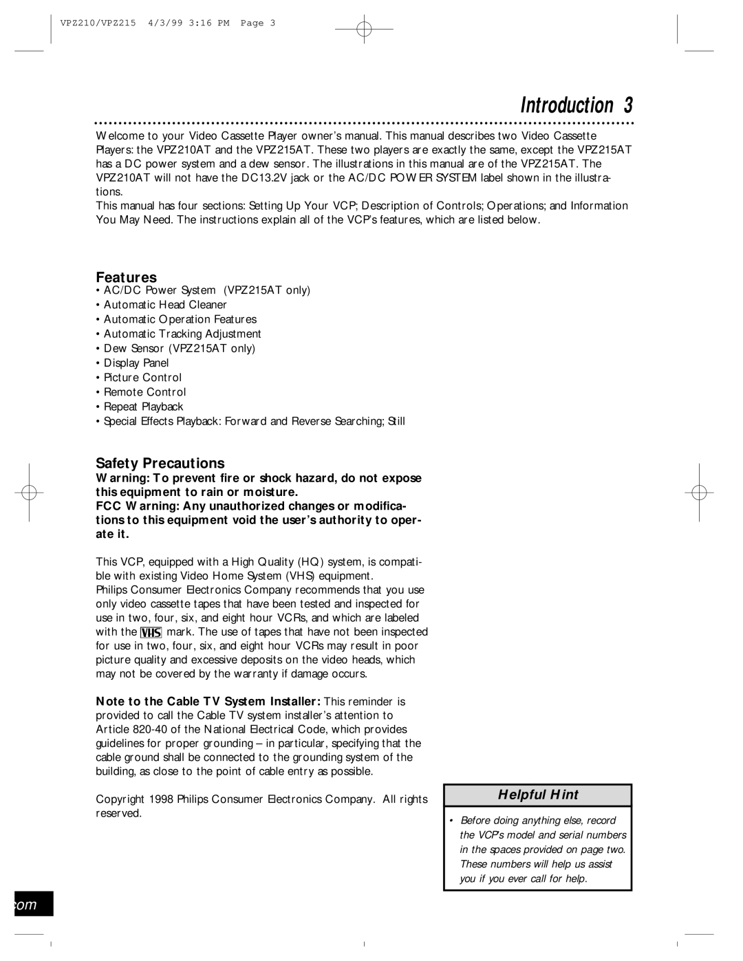 Philips VPZ210AT, VPZ215AT owner manual Introduction, Features, Safety Precautions 