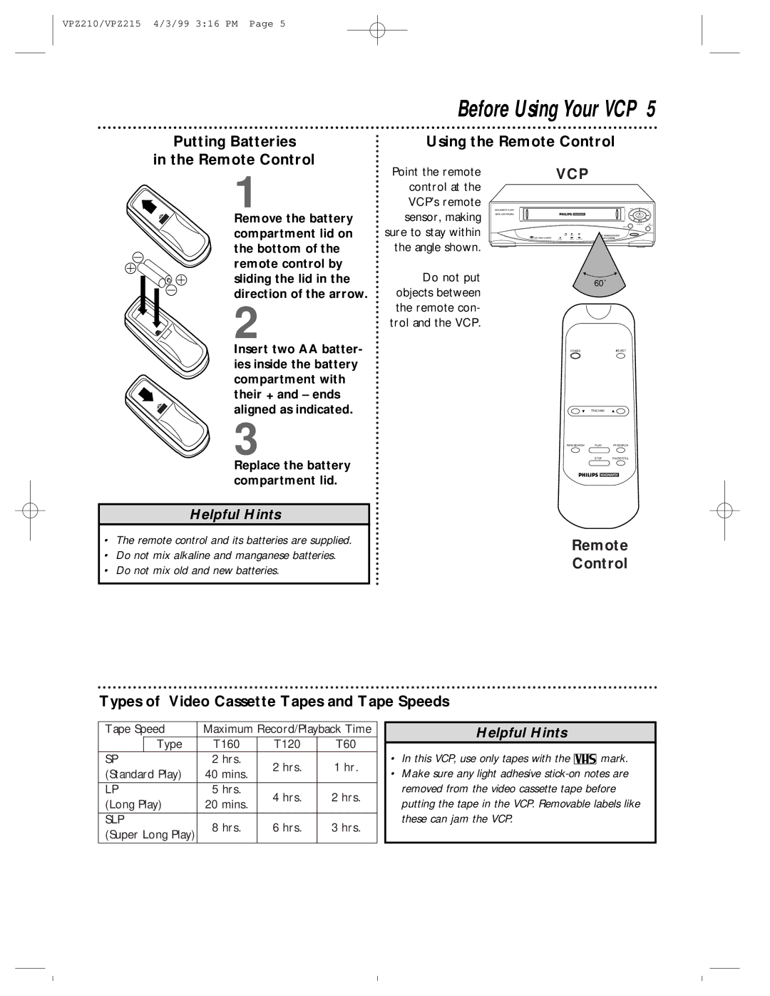 Philips VPZ210AT, VPZ215AT owner manual Before Using Your VCP, Putting Batteries Remote Control Using the Remote Control 