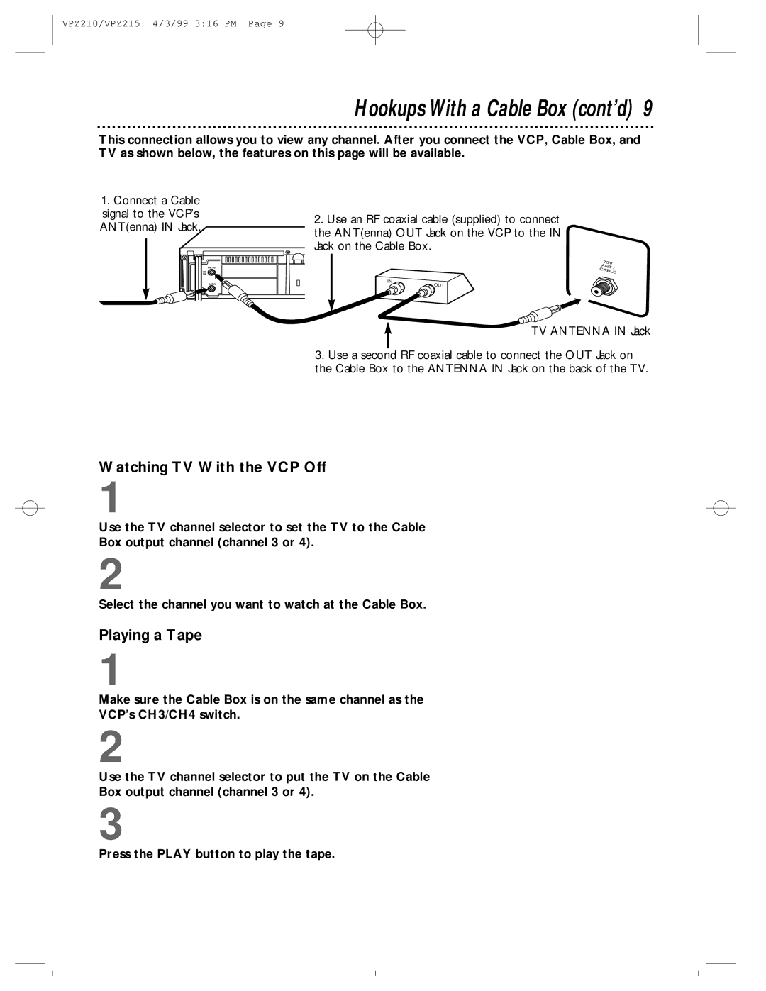 Philips VPZ210AT, VPZ215AT owner manual Hookups With a Cable Box cont’d, TV Antenna in Jack 