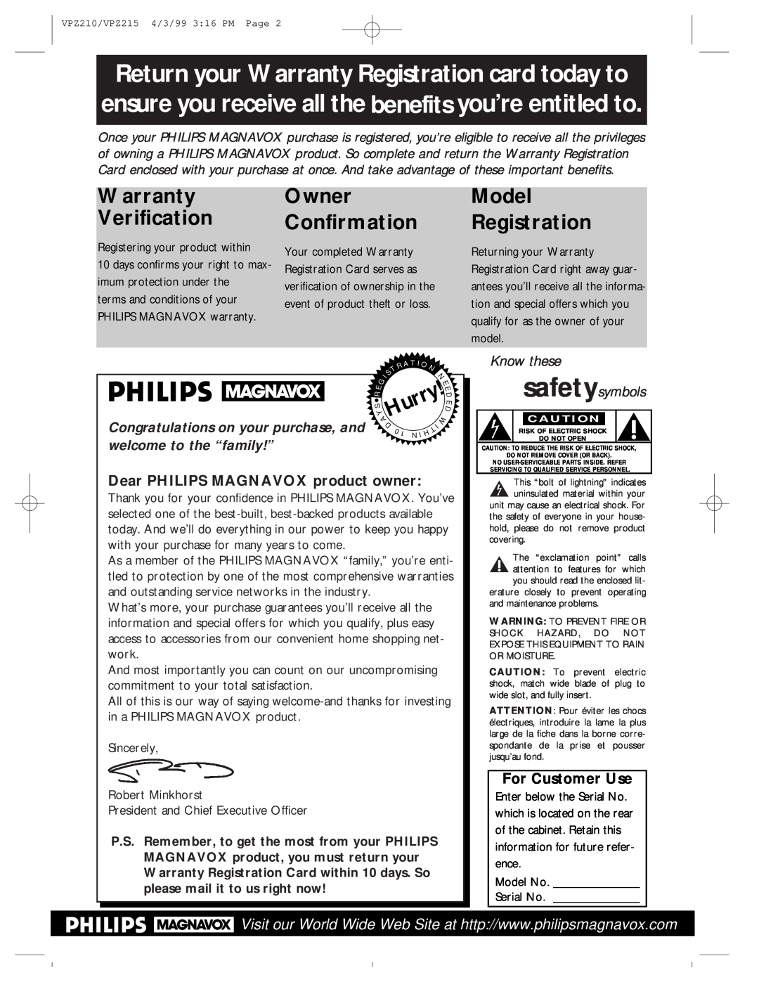 Philips VPZ215AT, VPZ210AT Warranty Verification, Owner Confirmation, Model Registration, AHurry, Know these safetysymbols 