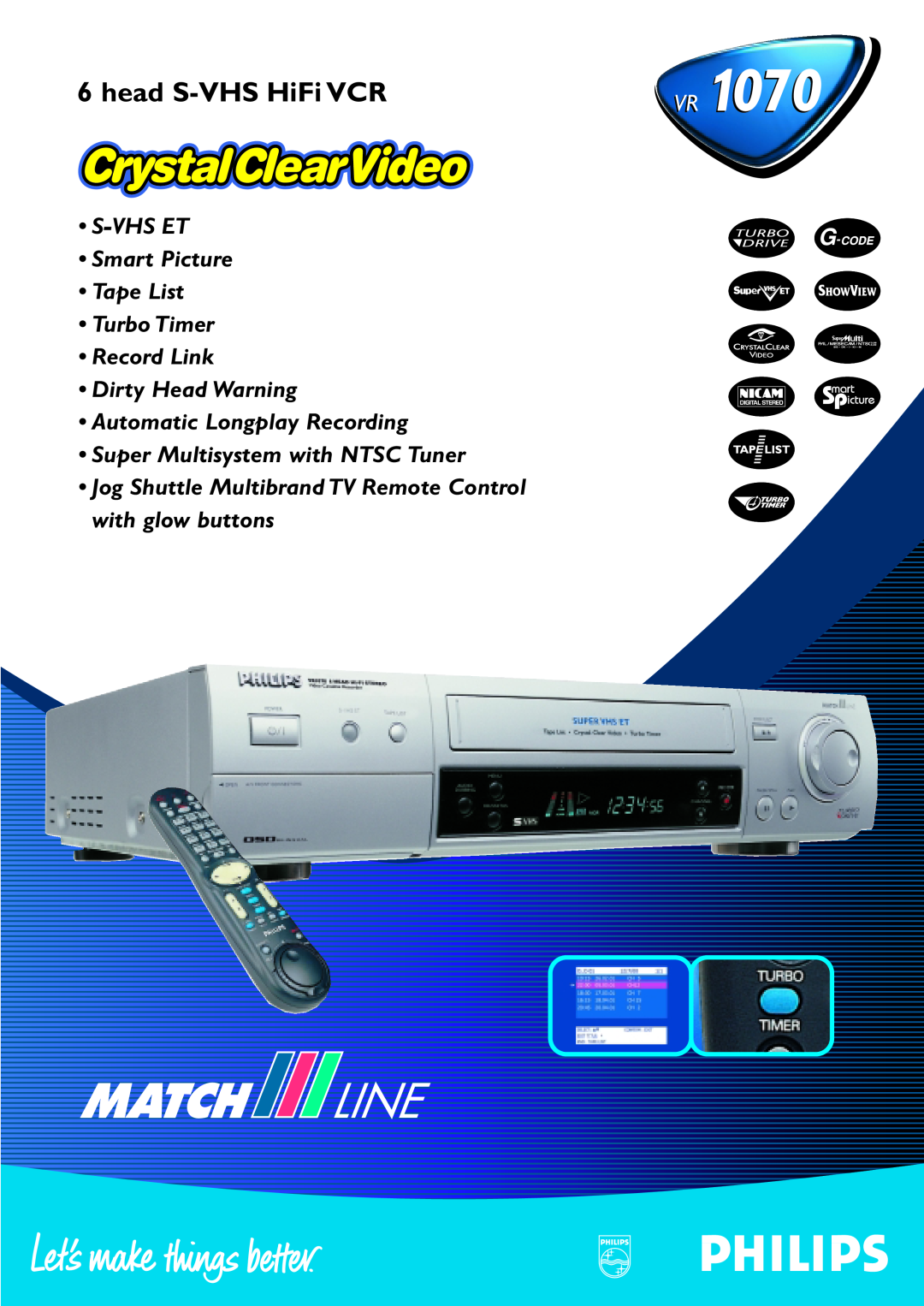 Philips VR 1070 manual head S-VHS HiFi VCR, S-VHS ET Smart Picture Tape List Turbo Timer Record Link 