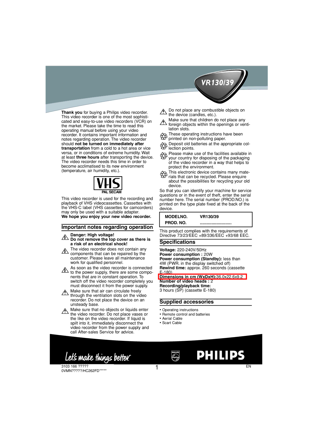 Philips VR139, VR 130 specifications Important notes regarding operation, Specifications, Supplied accessories 