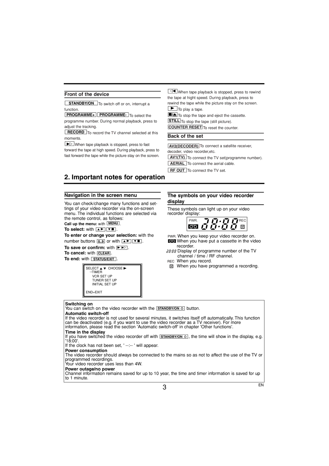 Philips VR139 To save or confirm with B To cancel with Clear, Switching on, Automatic switch-off, Time in the display 