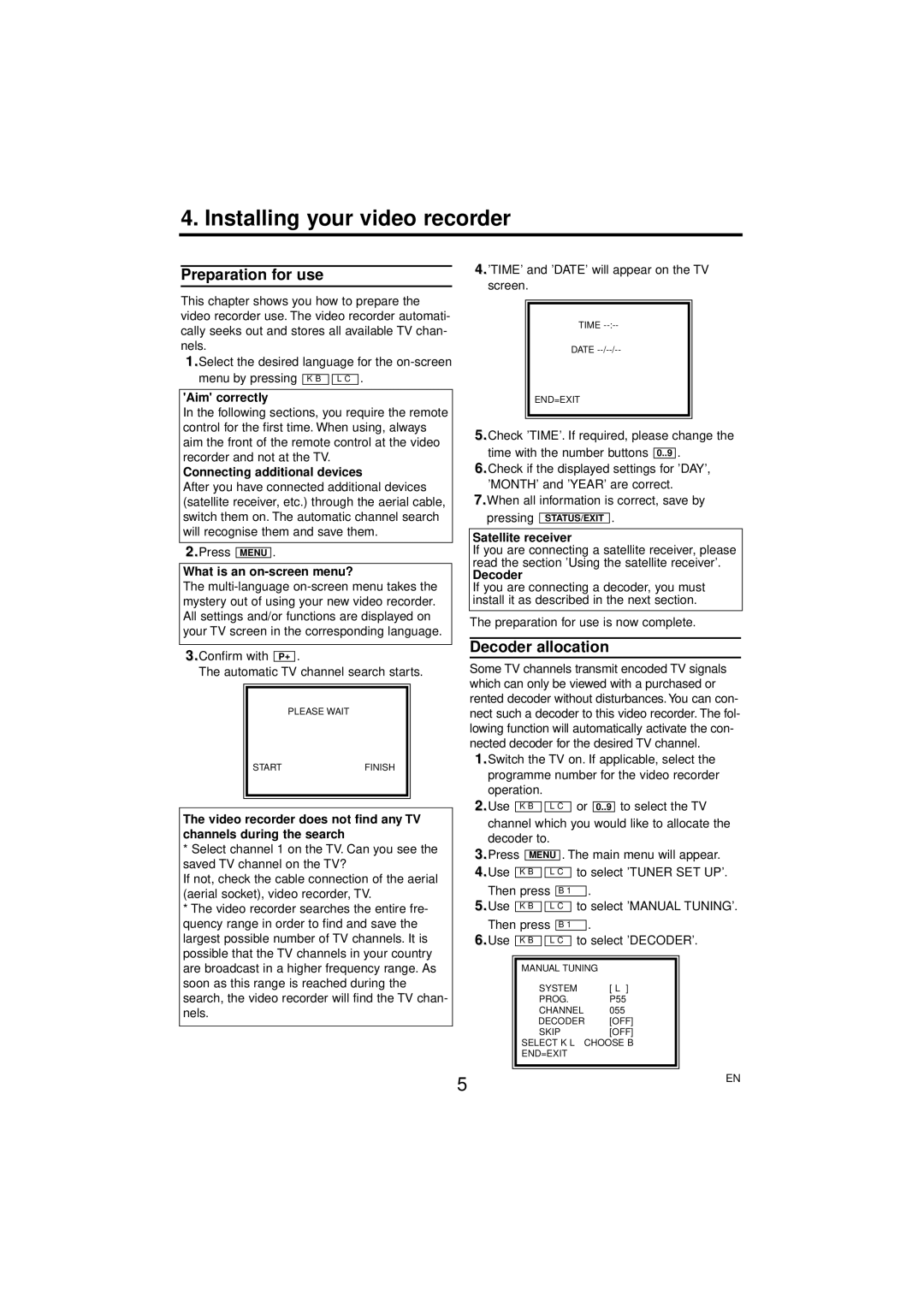 Philips VR139, VR 130 specifications Installing your video recorder, Preparation for use, Decoder allocation 