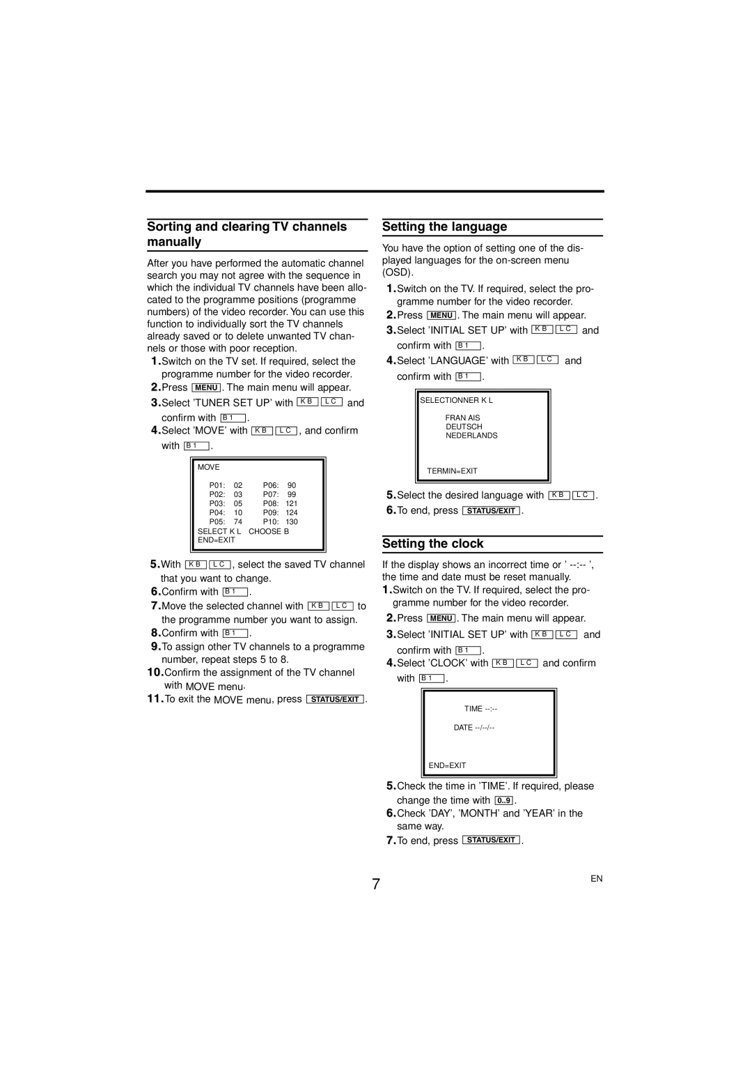 Philips VR139, VR 130 specifications Sorting and clearing TV channels manually, Setting the language, Setting the clock 