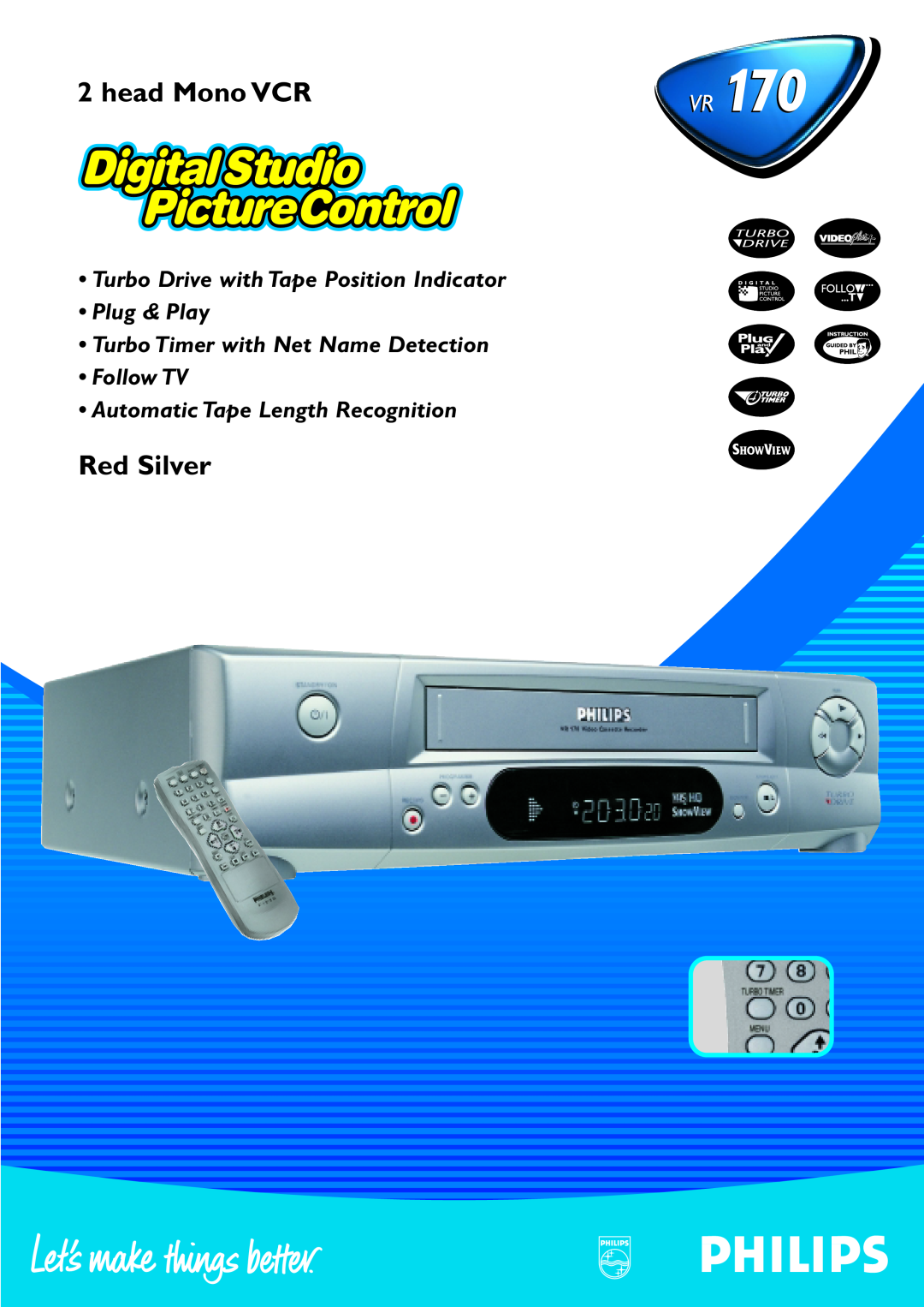 Philips VR 170 manual Red Silver, head Mono VCR, Turbo Drive with Tape Position Indicator, Plug & Play 