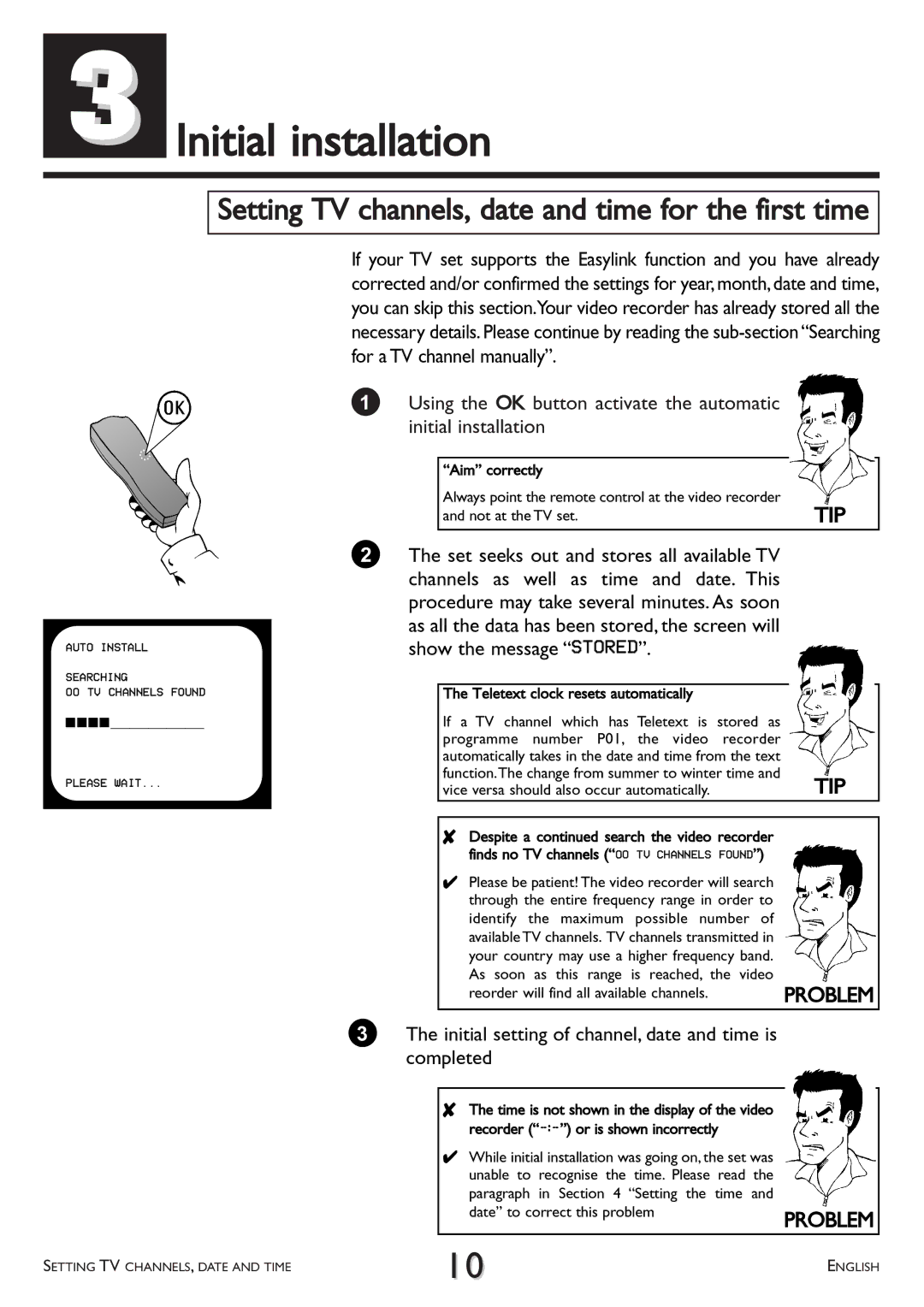 Philips VR 260/07 operating instructions Initial installation, Setting TV channels, date and time for the first time 