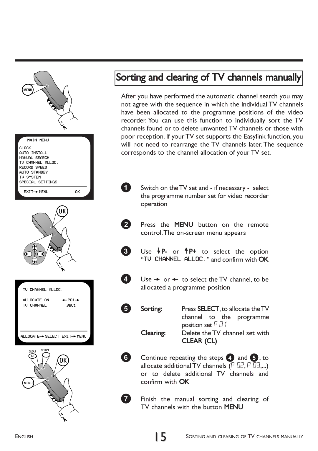 Philips VR 260/07 operating instructions Sorting and clearing of TV channels manually 