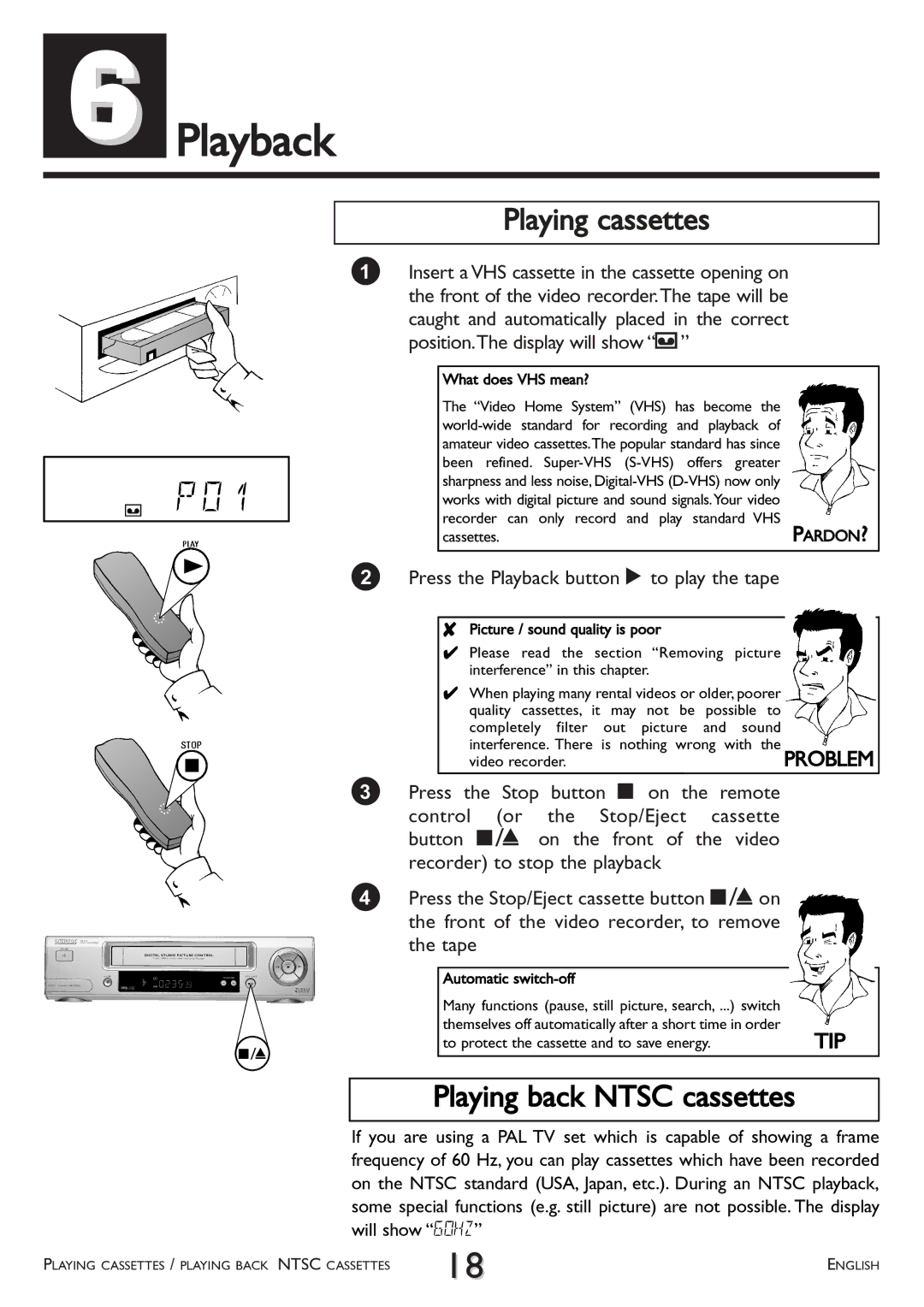 Philips VR 260/07 operating instructions Playback, Playing cassettes, Playing back Ntsc cassettes 