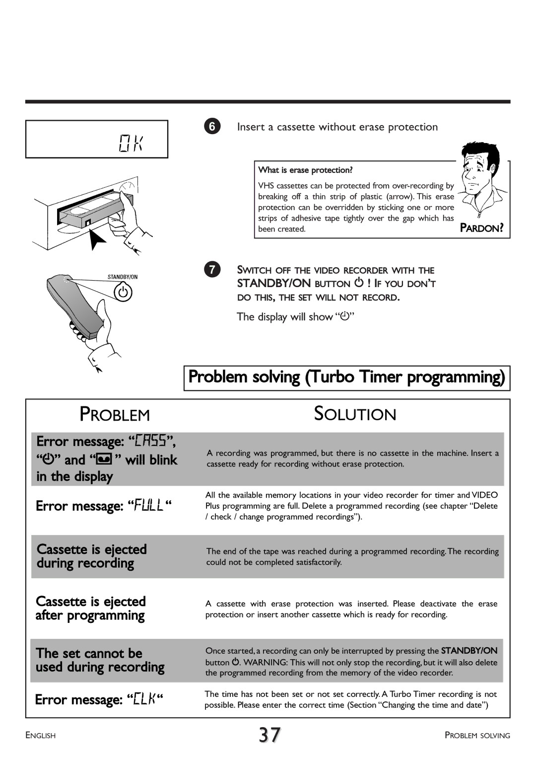 Philips VR 260/07 operating instructions Problem solving Turbo Timer programming 