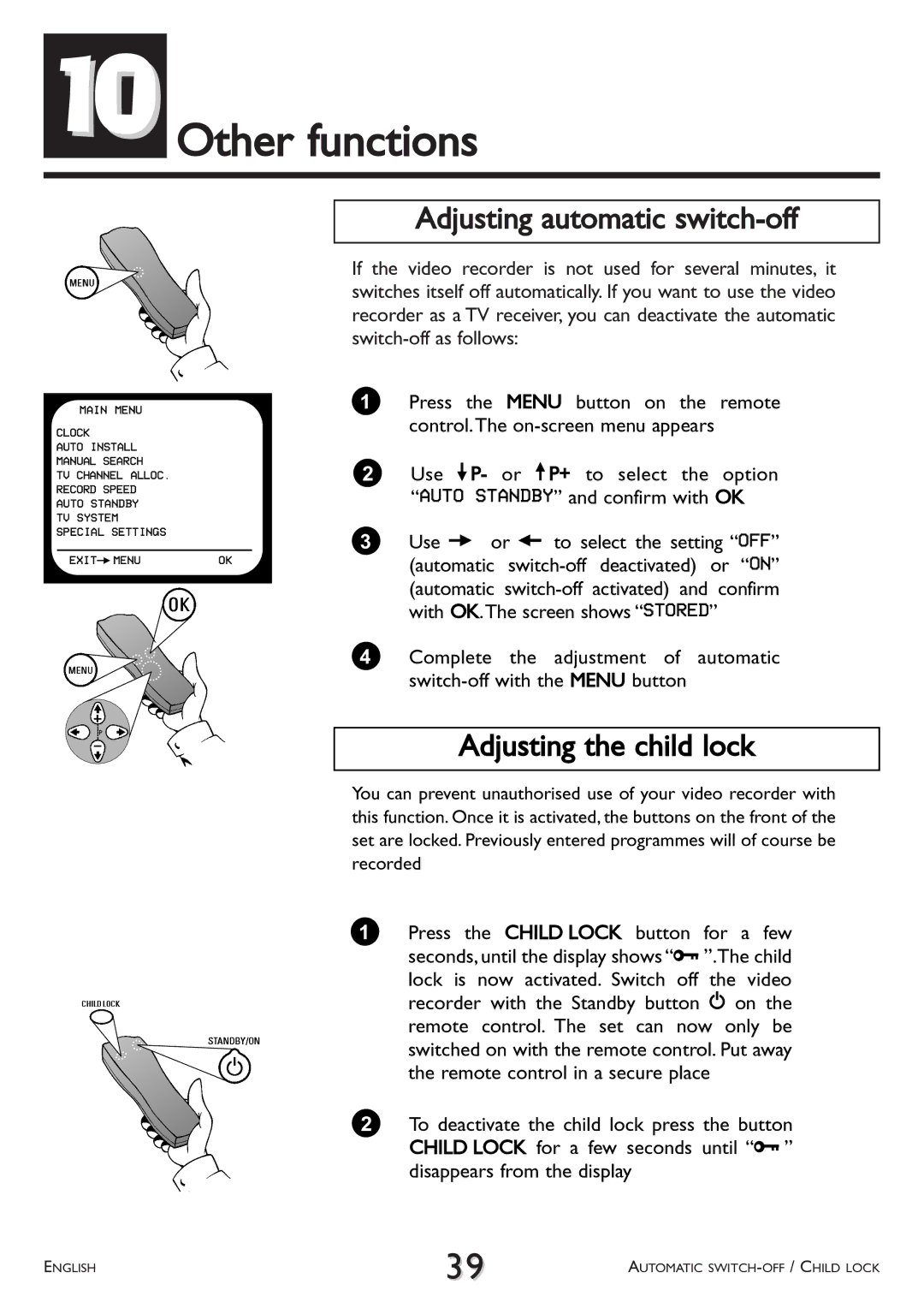 Philips VR 260/07 operating instructions 10Other functions, Adjusting automatic switch-off, Adjusting the child lock 