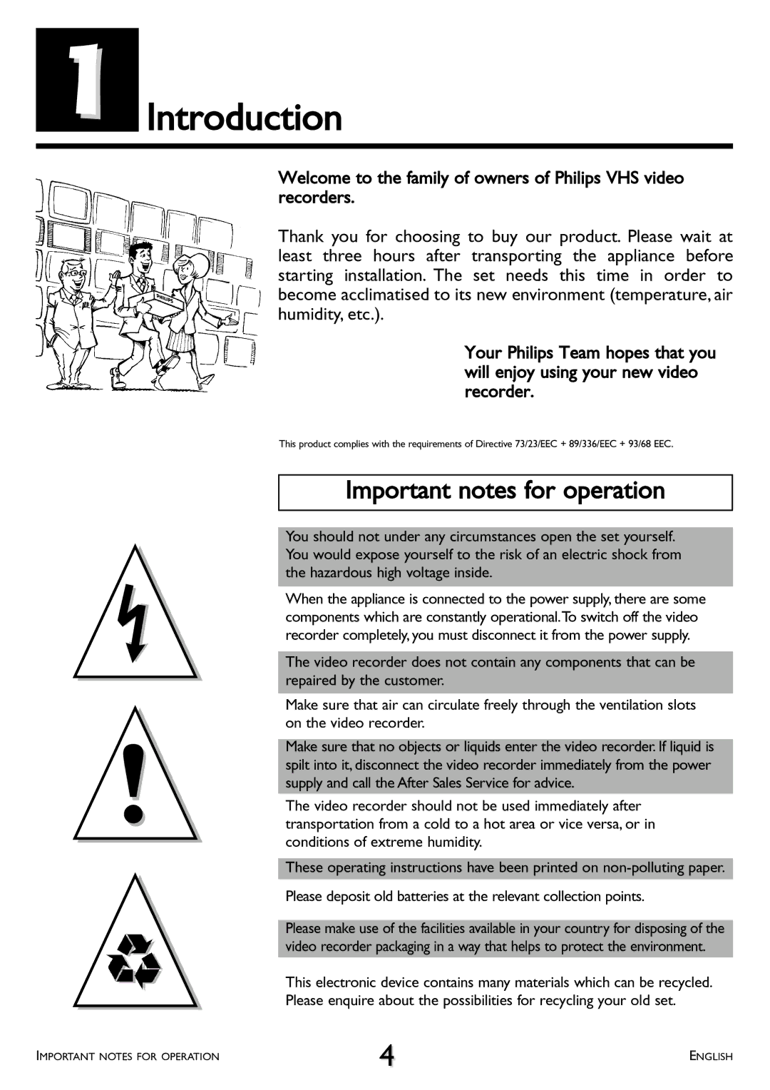 Philips VR 260/07 operating instructions Introduction, Important notes for operation 