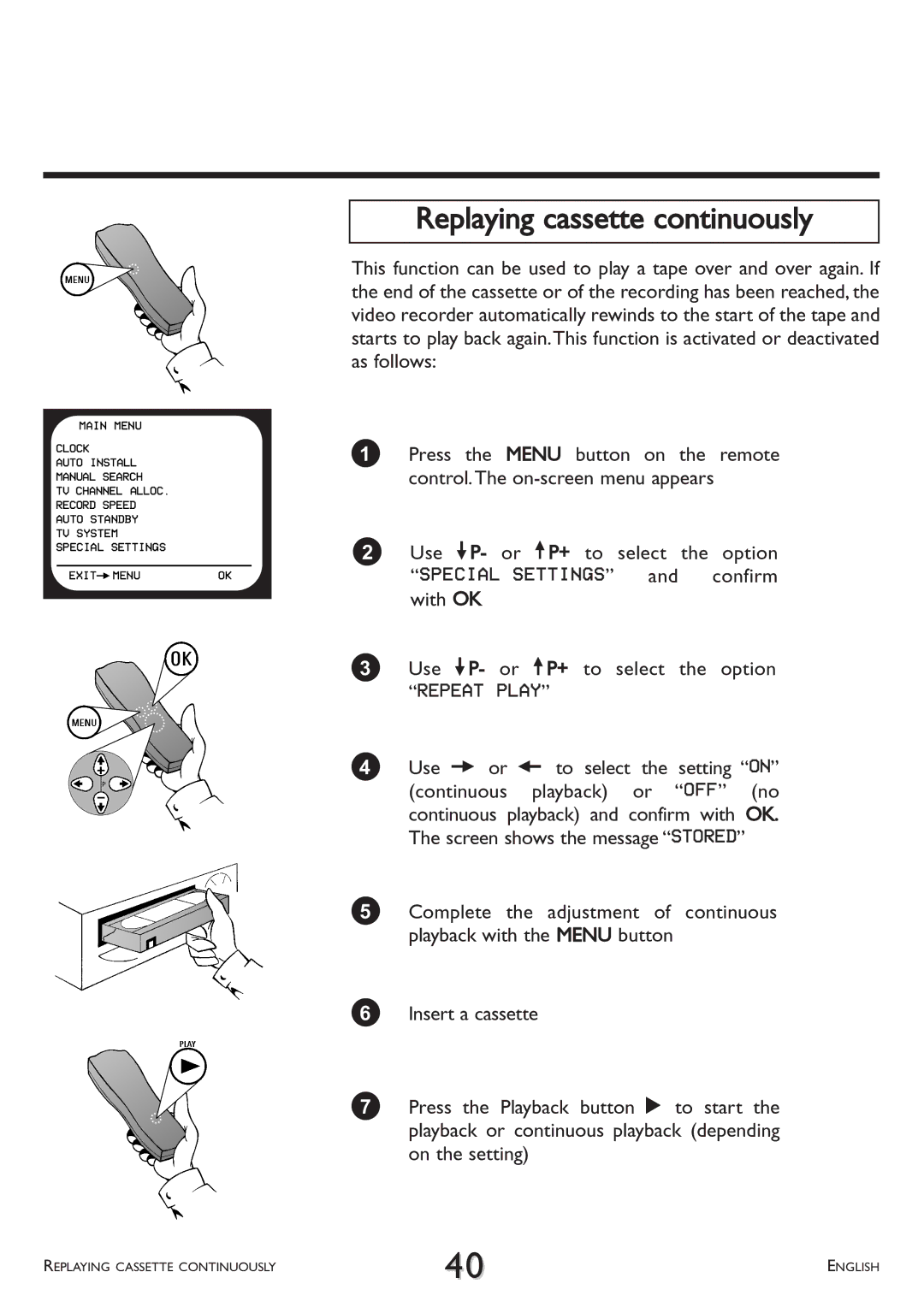 Philips VR 260/07 operating instructions Replaying cassette continuously, Repeat Play 