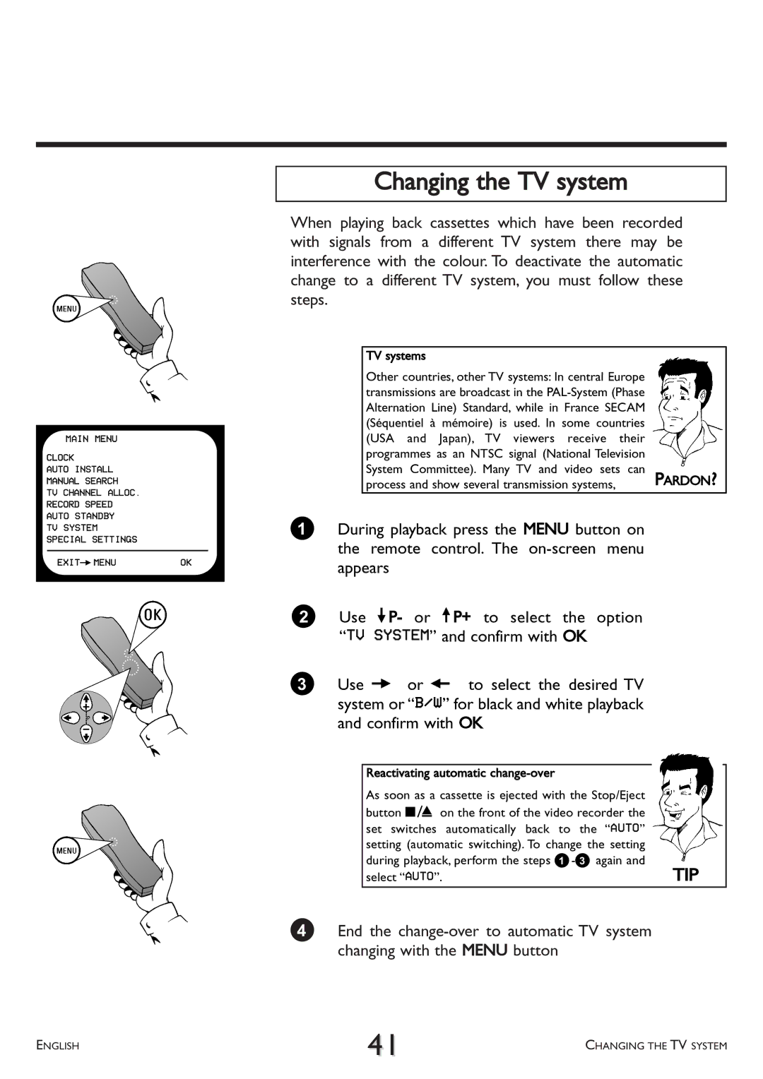 Philips VR 260/07 Changing the TV system, TV systems, Process and show several transmission systems, Select Auto 