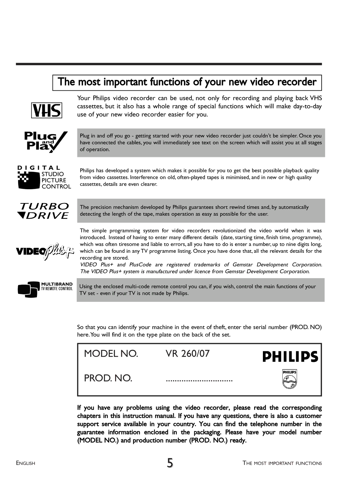 Philips VR 260/07 operating instructions Most important functions of your new video recorder 