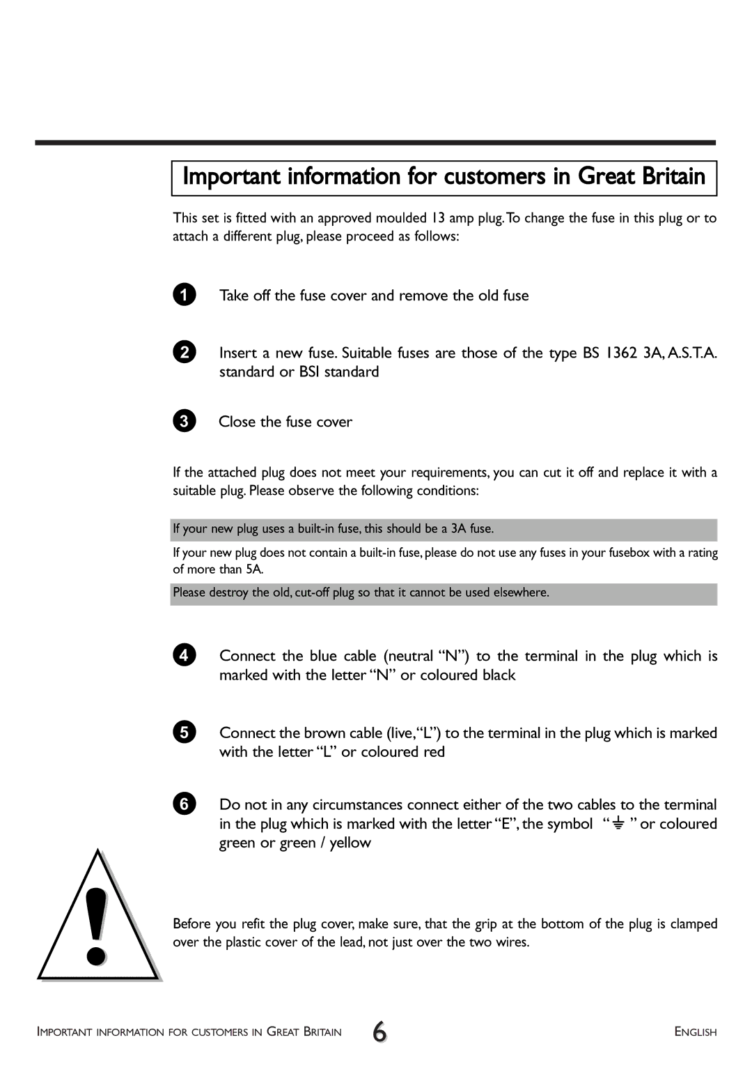 Philips VR 260/07 operating instructions Important information for customers in Great Britain 