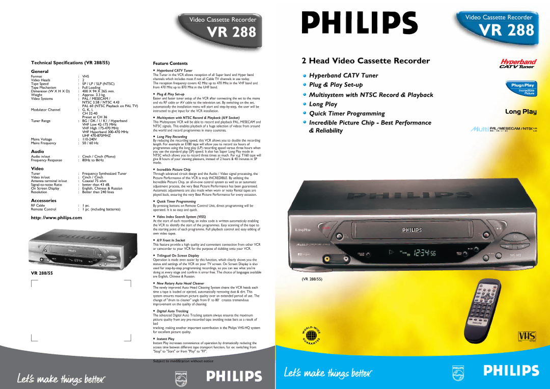 Philips technical specifications Technical Specifications VR 288/55 General, Audio, Video, Accessories 