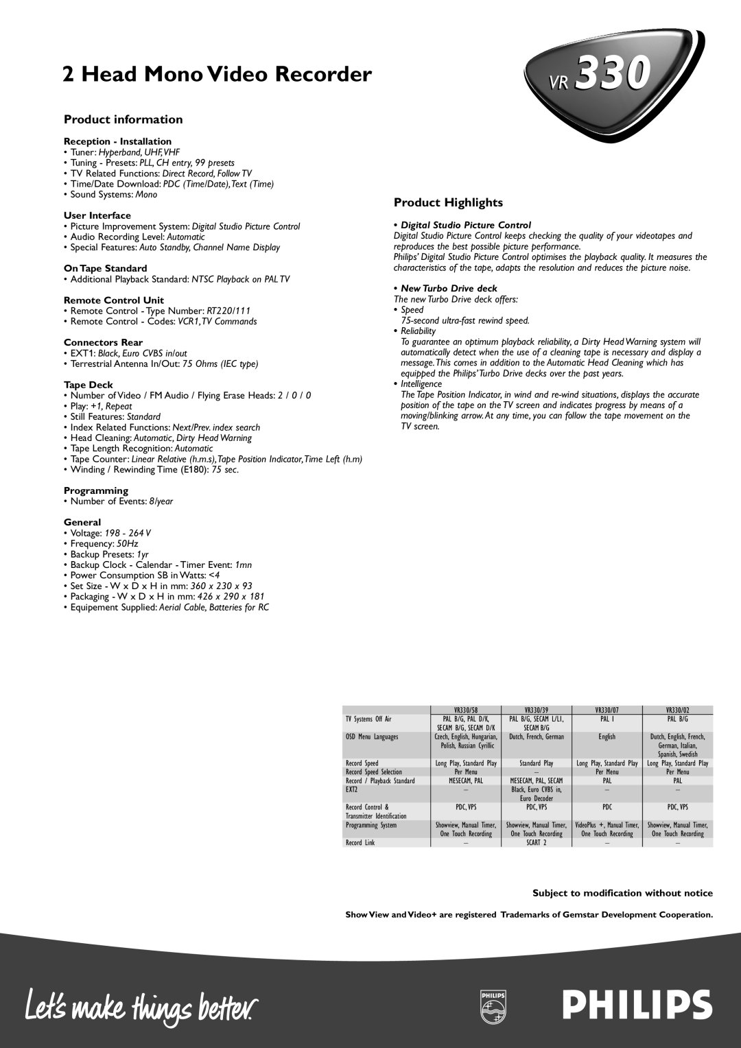 Philips VR 330 manual Product information, Product Highlights, Digital Studio Picture Control, New Turbo Drive deck 