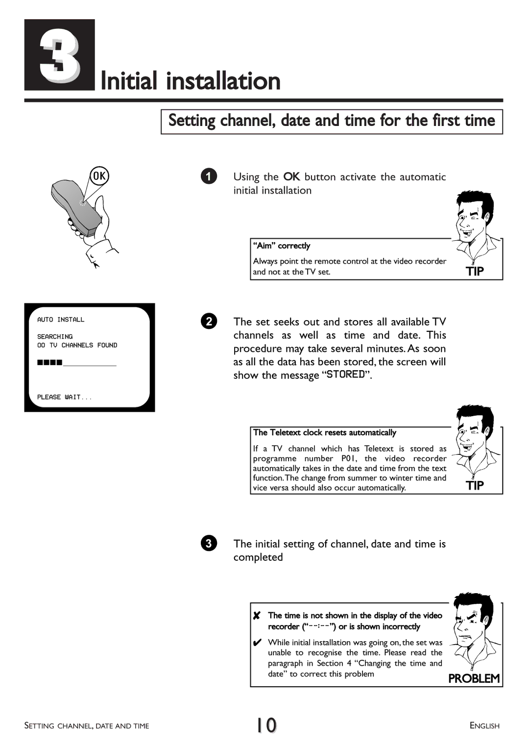 Philips VR 510/07 operating instructions Initial installation, Setting channel, date and time for the first time, Tip 