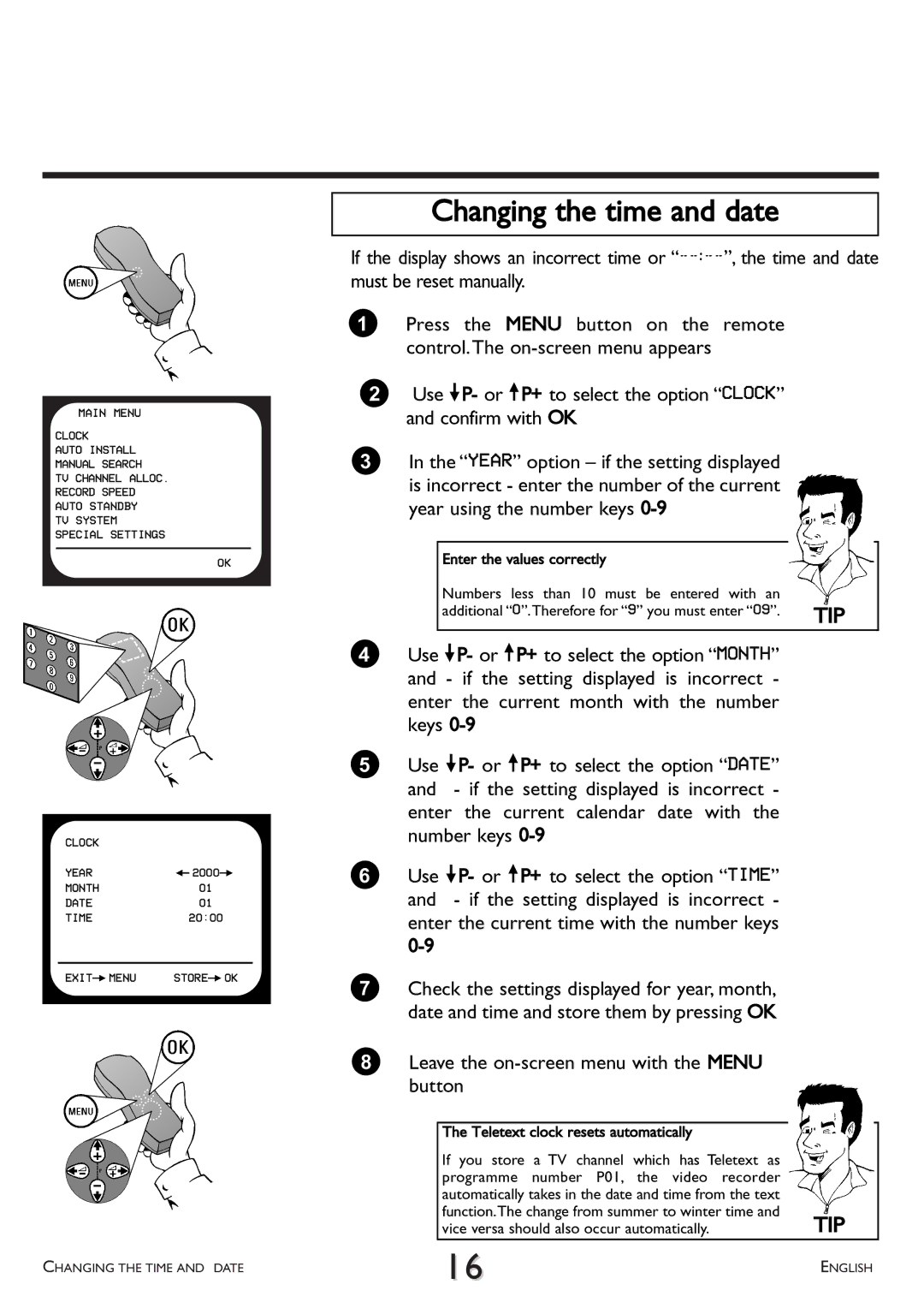 Philips VR 510/07 operating instructions Changing the time and date, Leave the on-screen menu with the Menu button 