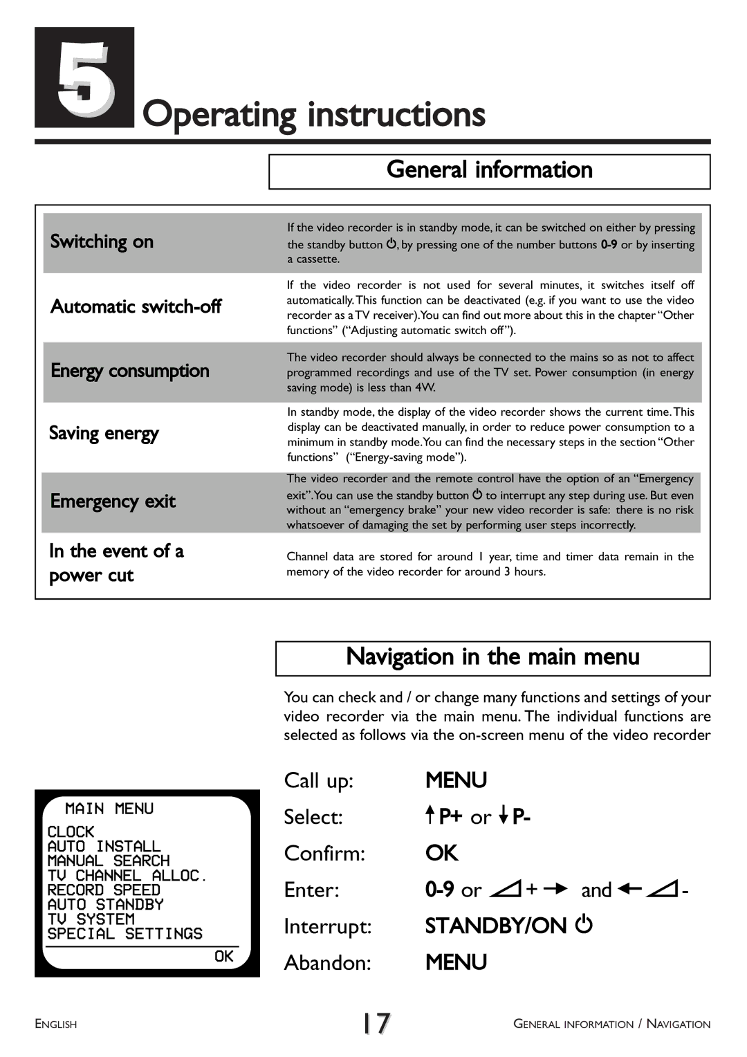 Philips VR 510/07 operating instructions Operating instructions, General information, Navigation in the main menu, Call up 