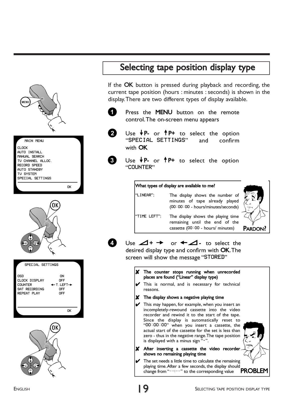 Philips VR 510/07 operating instructions Selecting tape position display type, Special Settings, Confirm 