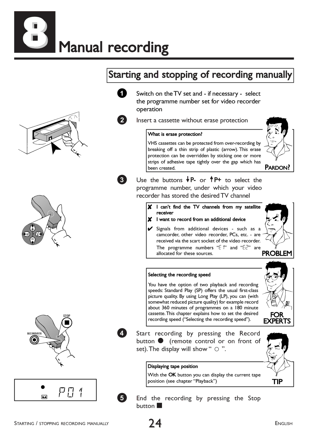 Philips VR 510/07 operating instructions Manual recording, Starting and stopping of recording manually 