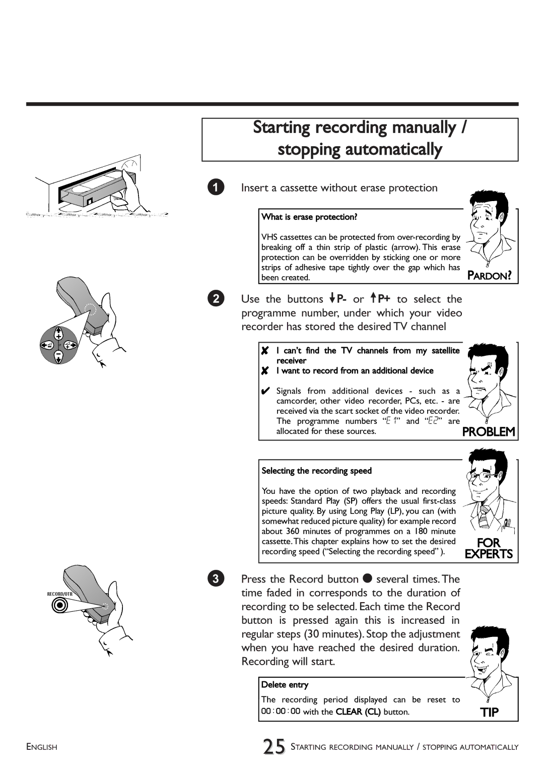 Philips VR 510/07 operating instructions Starting recording manually Stopping automatically 