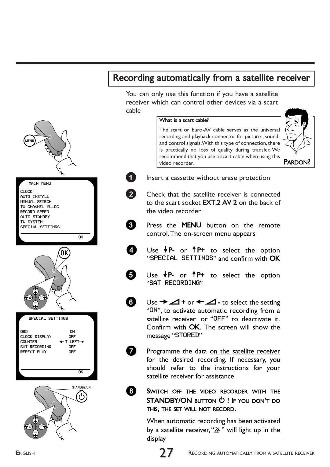 Philips VR 510/07 operating instructions Recording automatically from a satellite receiver, SAT Recording 