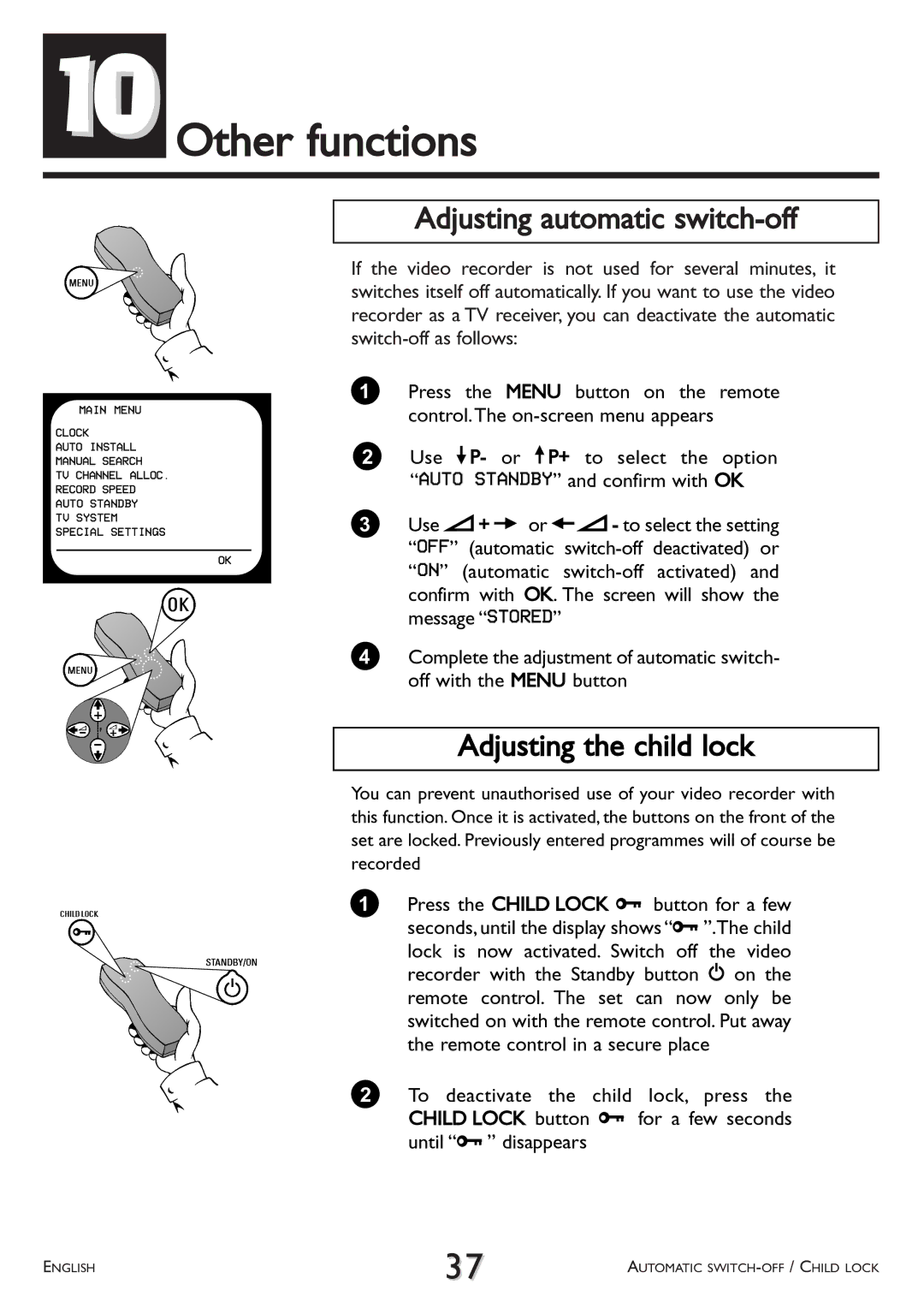 Philips VR 510/07 operating instructions 10Other functions, Adjusting automatic switch-off, Adjusting the child lock 