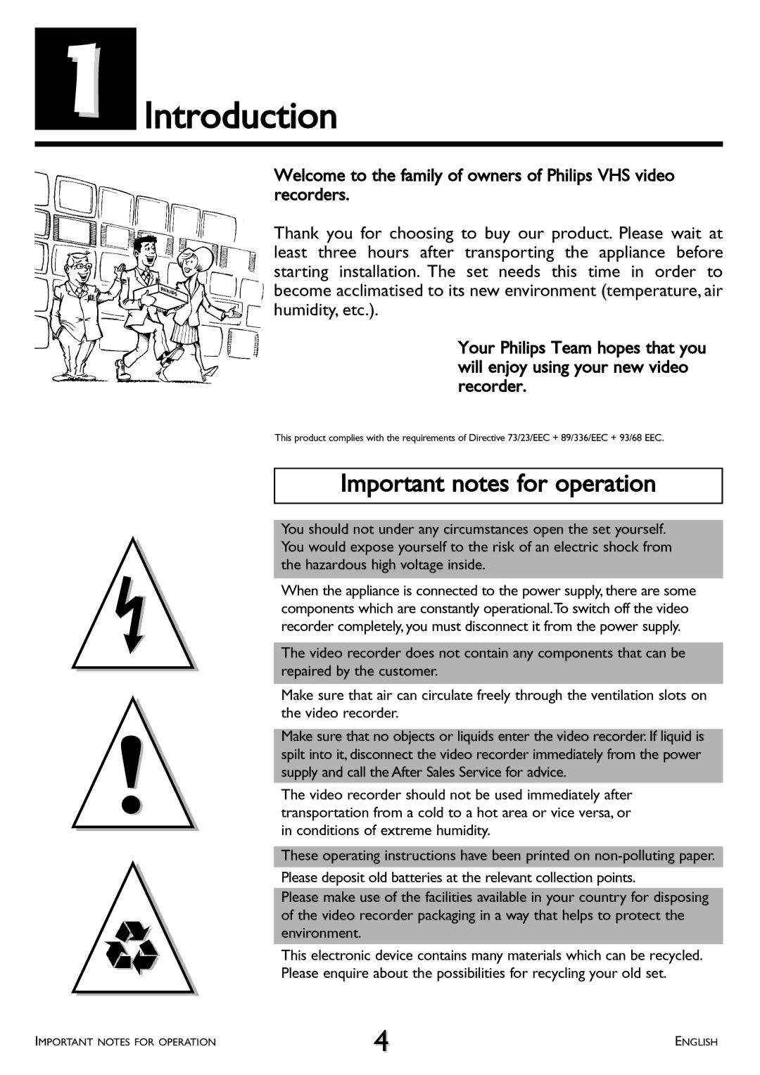 Philips VR 510/07 operating instructions Introduction, Important notes for operation 