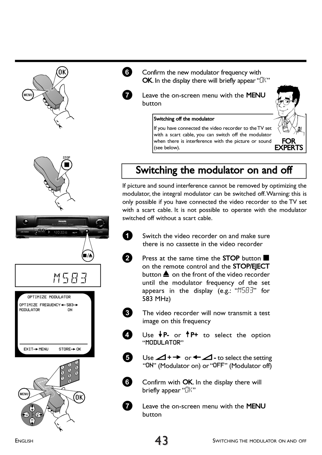 Philips VR 510/07 operating instructions Switching the modulator on and off, Modulator 