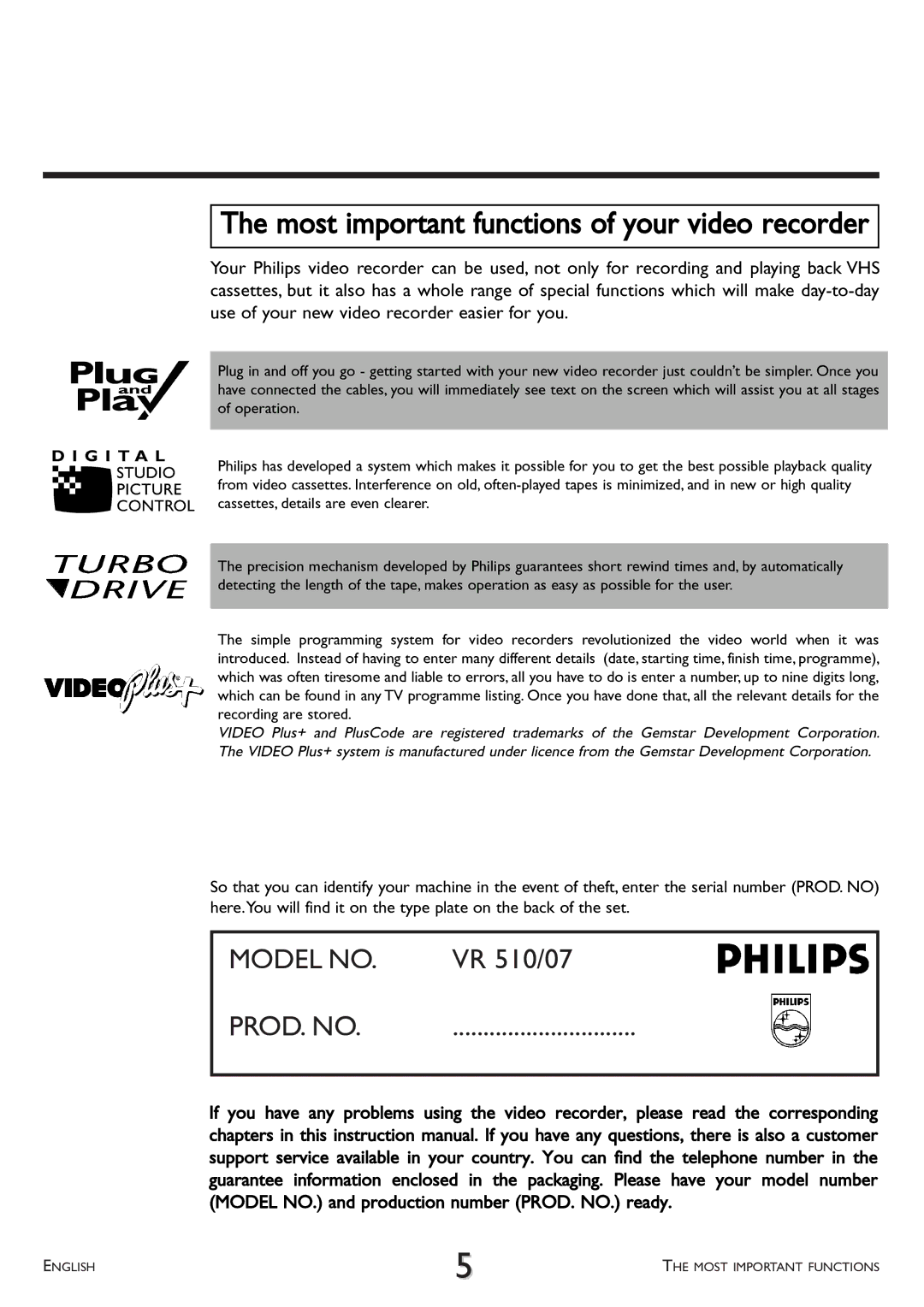 Philips VR 510/07 operating instructions Most important functions of your video recorder 