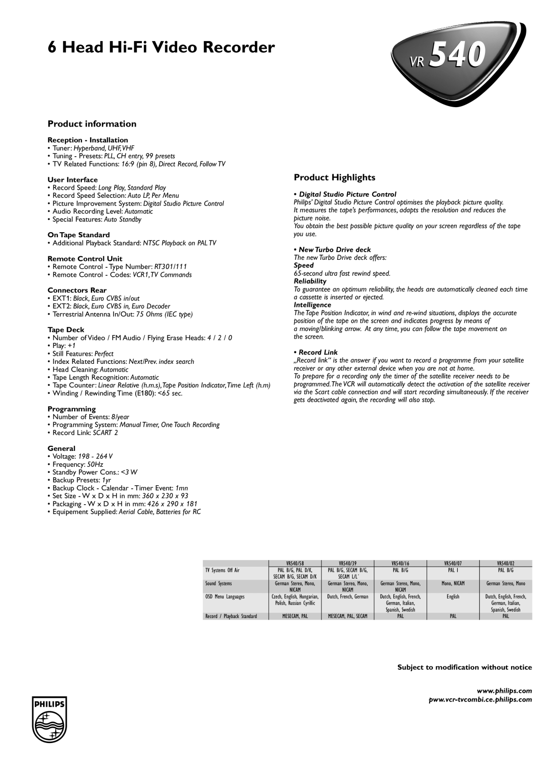 Philips VR 540 manual Product information, Product Highlights 