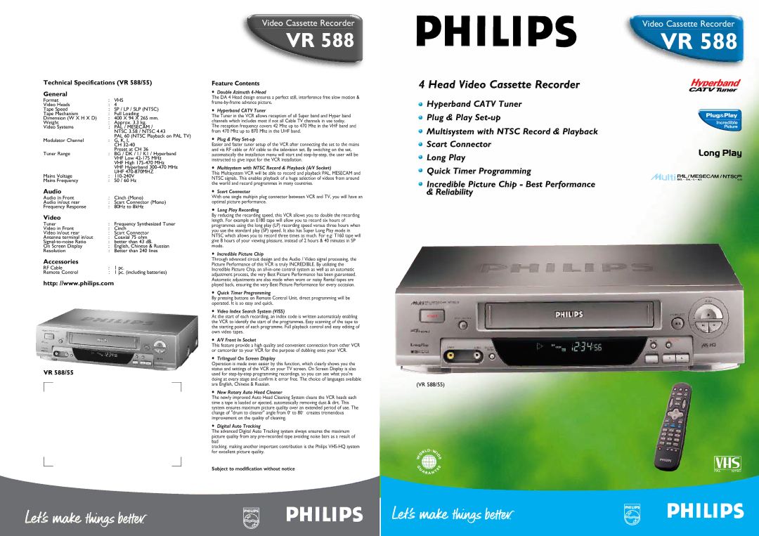 Philips technical specifications Technical Specifications VR 588/55 General, Audio, Video, Accessories 