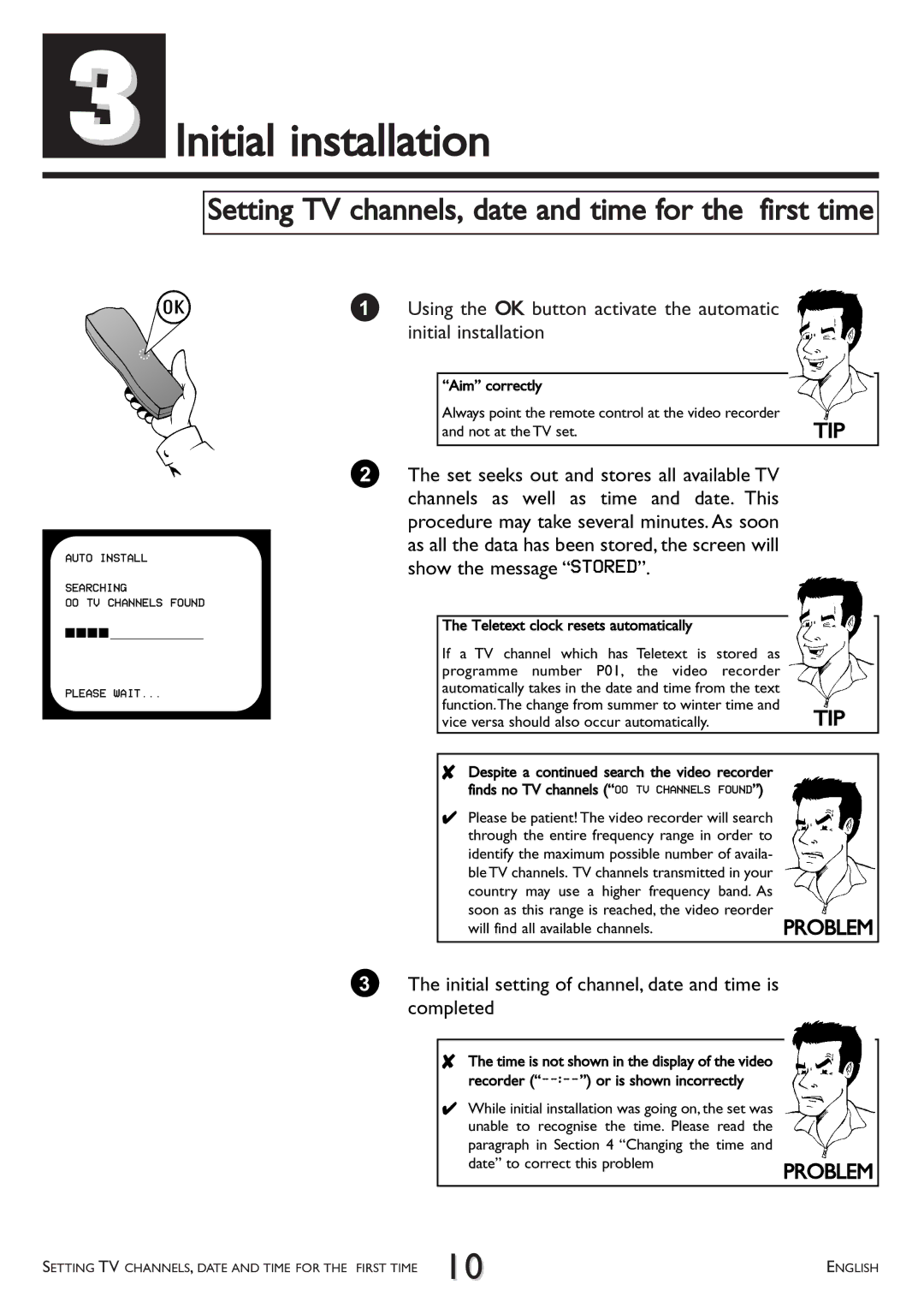 Philips VR 617/07 operating instructions Initial installation, Setting TV channels, date and time for the first time 