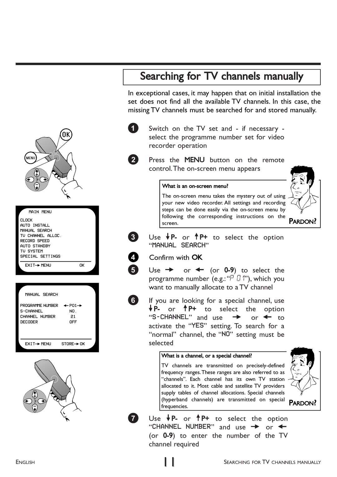 Philips VR 617/07 Searching for TV channels manually, Use =P- or P+ to select the option, Manual Search 