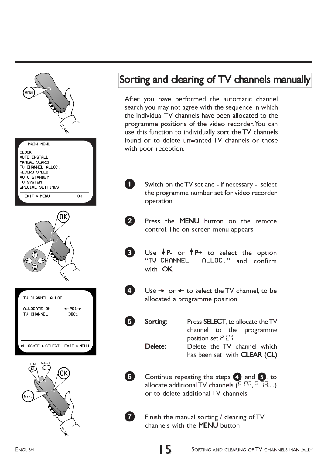 Philips VR 617/07 operating instructions TV Channel, ALLOC. and confirm 