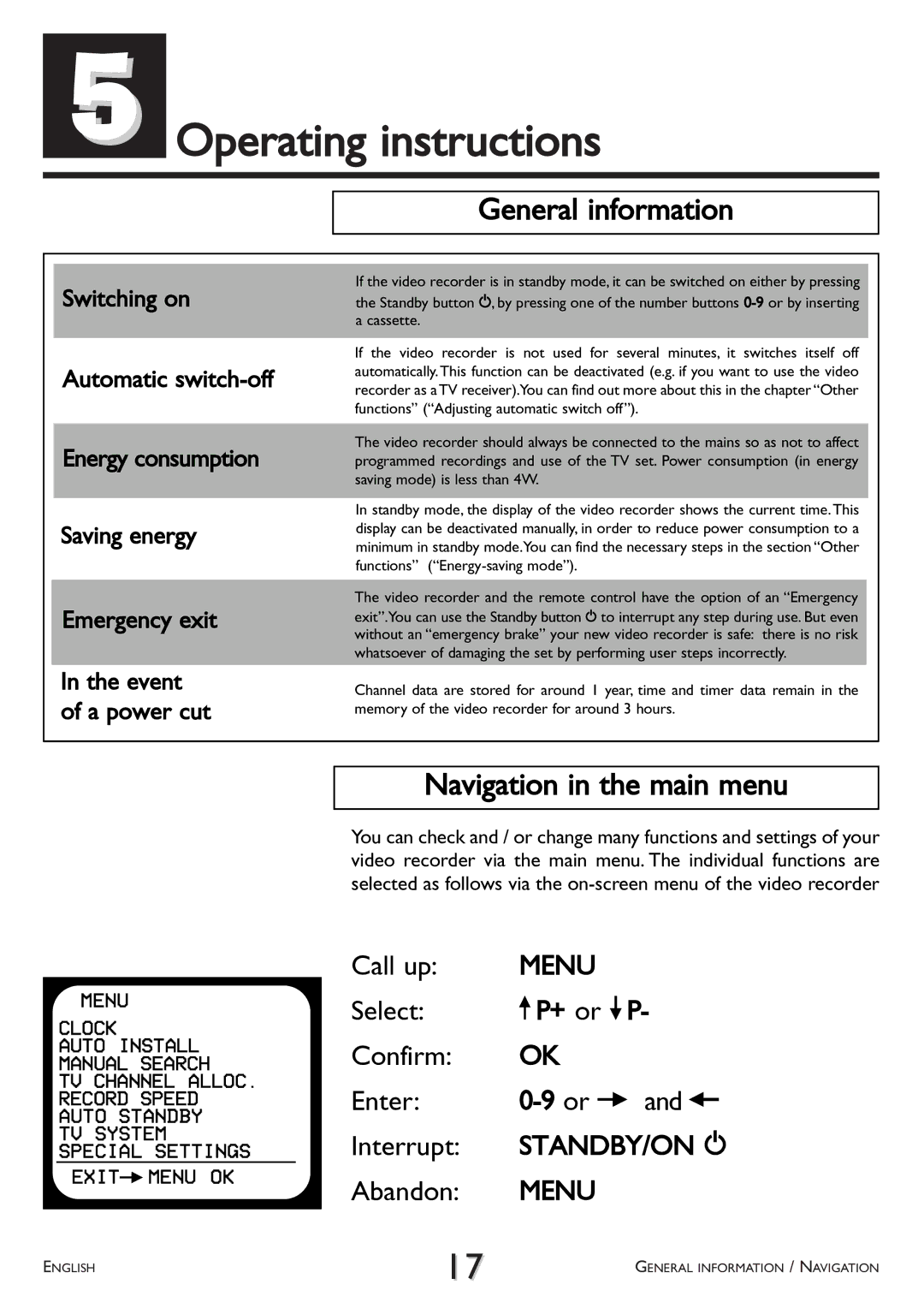 Philips VR 617/07 operating instructions Operating instructions, General information, Navigation in the main menu 